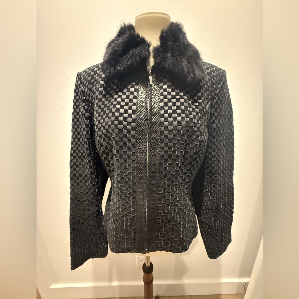 Marvin Richards Black Woven Leather Jacket With Rabbit Fur Collar